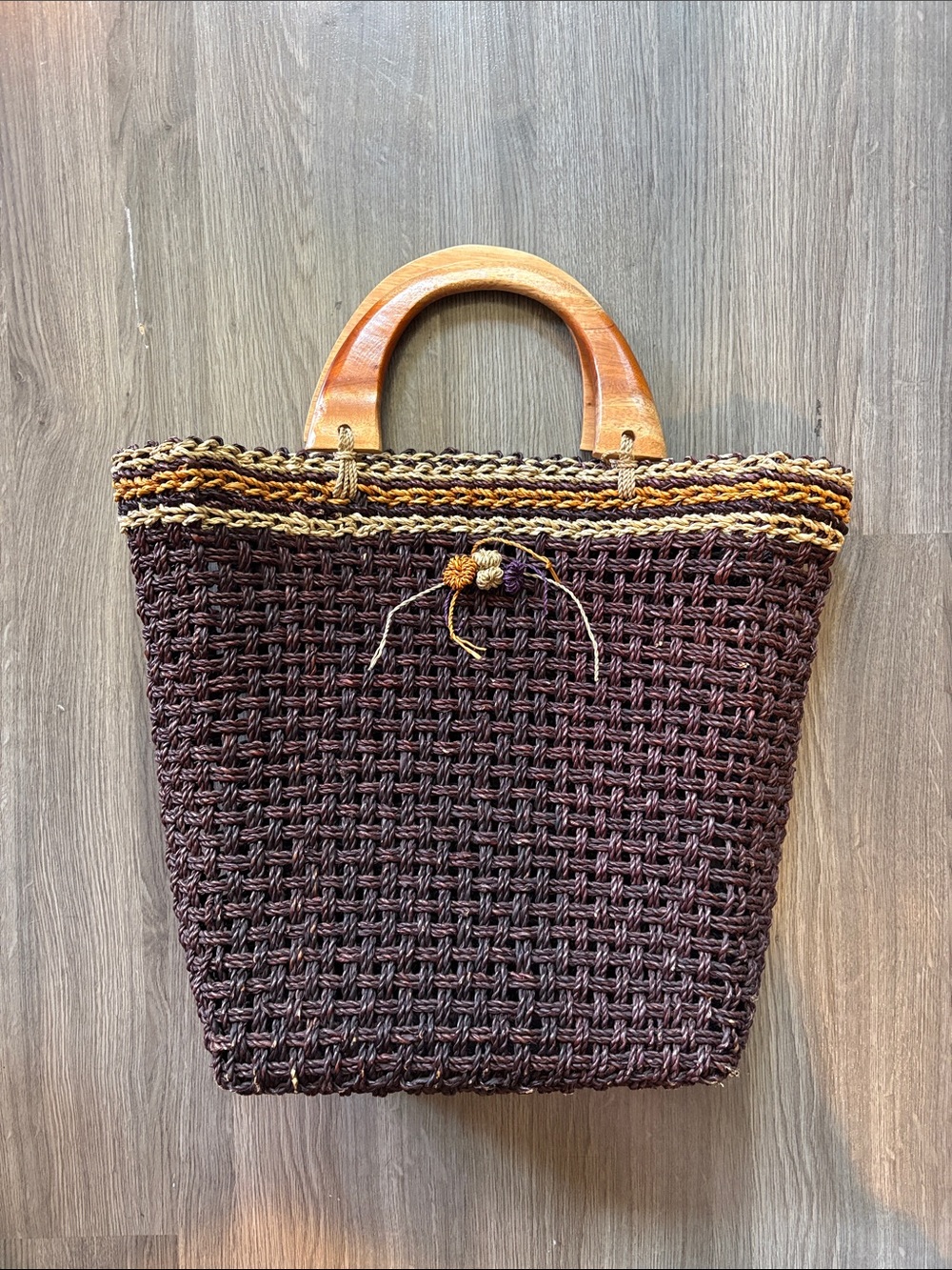 VINTAGE - Large Woven Straw Tote with Wooden Handles